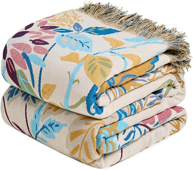 MSGKV Boho Throw Blanket 60"x80" 100% Cotton Floral Muslin Twin Blanket | 100% Cotton Throw, Twin Size Blanket, Reversible Woven, Summer Breathable, Farmhouse Decor, All Seasons, Machine Washable