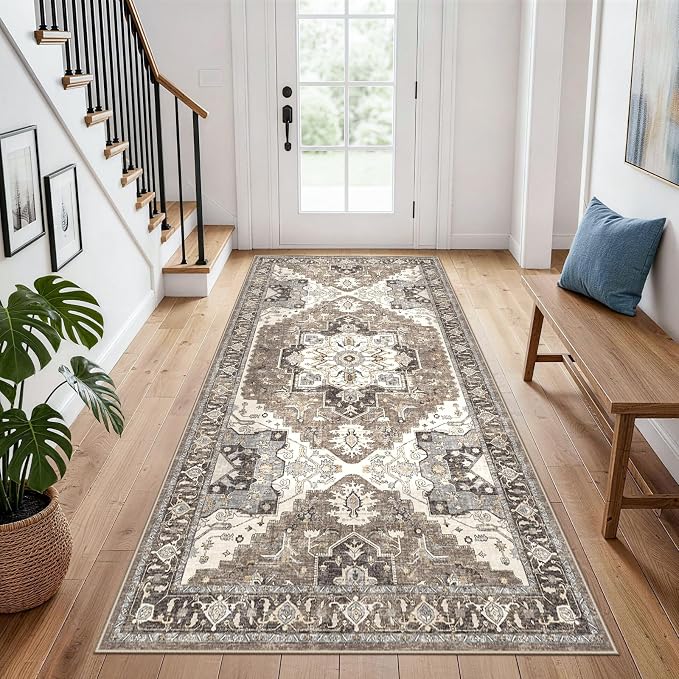 Hallway Washable 3x7 Runner Rug: Non-Slip Kitchen Rugs with Rubber Backing for Entryway Living Room Vintage Low Pile Stain Resistant Carpet for Bedroom Soft Thin Home Decor Mat for Bathroom(Beige,3x7)