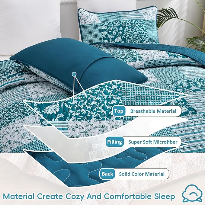 Mybedsoul Boho Quilt King Size, Patchwork Floral Bedding Set, Teal Blue | Soft Lightweight Microfiber Reversible Coverlet Set, 3 Pieces Plaid Bedspread, Bed Sets for All Seasons 90"x110"