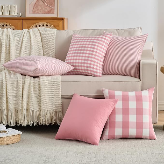 CARRIE HOME Farmhouse Pink Decorative Throw Pillow Covers 18x18 Inch Set of 4, Cute Light Pink Couch Pillow Covers 18 x 18， Spring Coquette Room Decor Boho Accent Cushion Covers for Sofa Bed