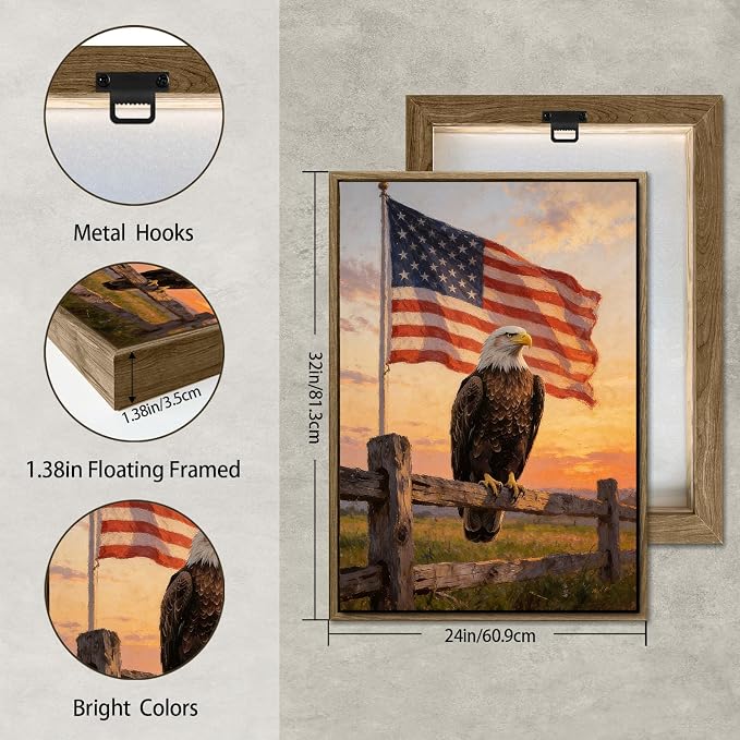 American Flag Framed Canvas Wall Art, 4th of July Patriotic Canvas Prints | USA Flag with Bald Eagle Poster Print, Vintage Independence Day Wall Decor for Bedroom Living Room 24×32in