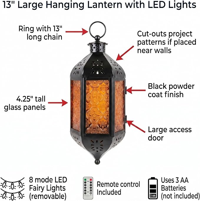 Vela Lanterns Hanging Moroccan Lantern with LED Twinkle Fairy Lights - Exotic Decorative Patio & Porch Decor, Indoor Outdoor Candle Lamp Holder with Chain (13" Large, Amber Glass)