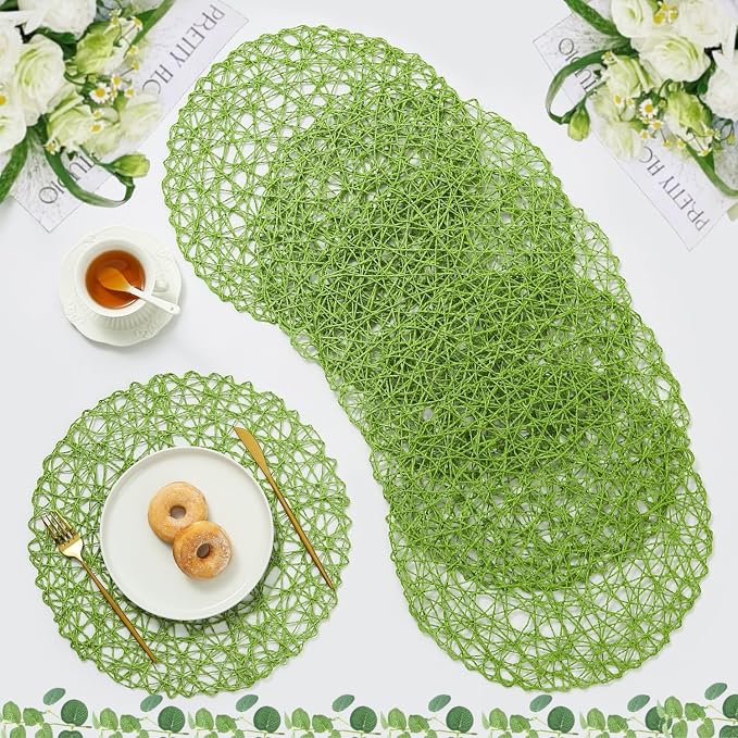 IcosaMro Grass Green Round Placemats Set of 12 for Dining Table, 13 Inches Paper Woven Boho Small Decorative Circle Place Mat for Wedding Christmas Thanksgiving Day Holiday Dinner, Green
