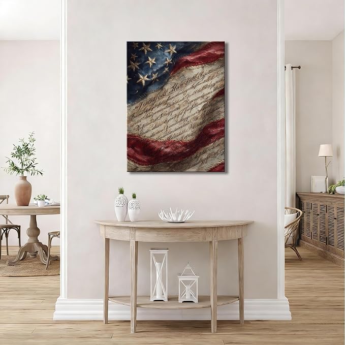 RIBNTAK Vintage Americana Canvas Wall Art, Rustic American Flag and Constitution Pictures Patriotic Artwork for Farmhouse Decor, Independence Day Decorations for Living Room Bedroom Entryway