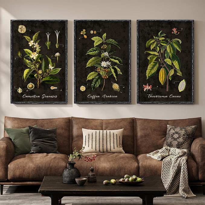 Large Vintage Framed Botanical Wall Art for Living Room, 3 Piece Dark Green Coffee Plant Canvas Prints Paintings, Retro Leaf Moody Pictures for Dining Room Coffee Bar Kitchen Wall Decor, 24x36 Inch
