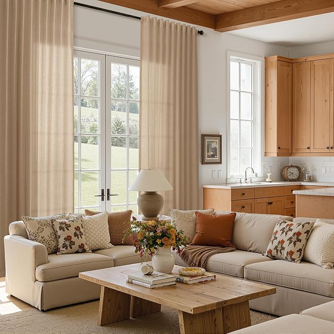 Linen Curtains 96 Inches Long for Living Room Back Tab Semi Sheer Floor to Ceiling 8ft Light Filtering Curtain Boho Farmhouse Decor Window Drapes for Bedroom 52x96 2 Panels Sand Beige