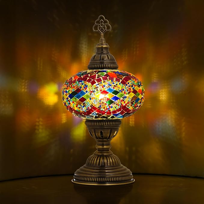Moroccan Turkish Lamp – Colorfull Mosaic Glass Bedside & Desk Light, Handcrafted Vintage Home Decor with E12 Socket