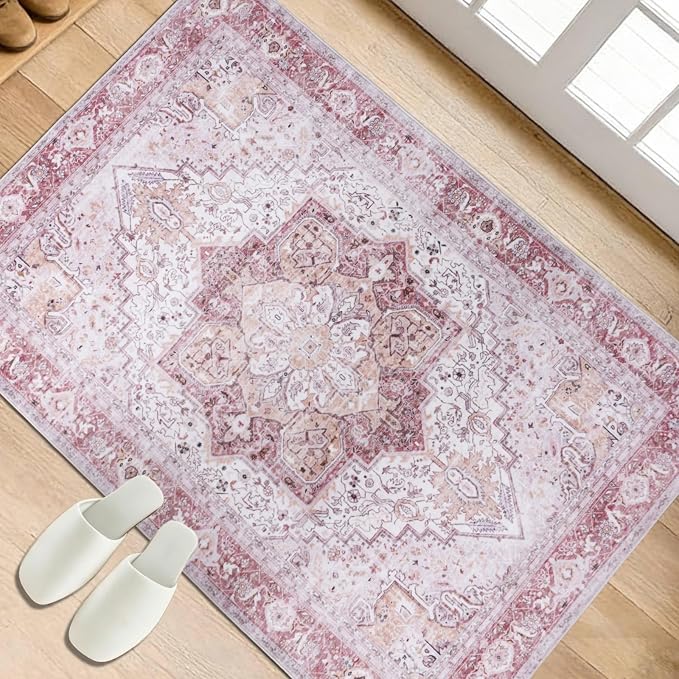 Pink Washable Rug 2x3, Non Slip Indoor 2x3 Entryway Rug | Soft faux wool, machine washable & stain resistant. Non-slip rubber backing, low pile. For entryway, kitchen, hallway.