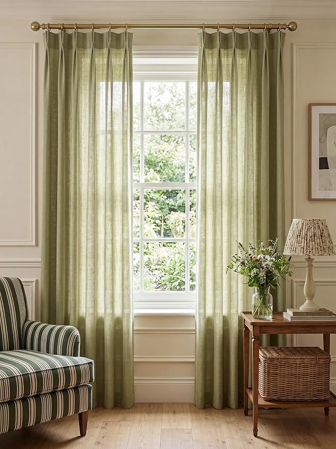 Liz Pinch Pleated Linen Curtains Light Filtering Curtains for Living Room, Farmhouse Window Curtains for Bedroom, Modern Drapes with Hooks and Rings, 90 Inches Long, Olive Green, 2 Panels Set