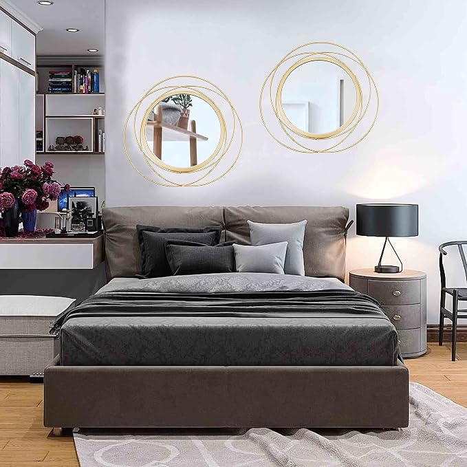 2 Set Circle Mirrors for Wall Decor Living Room Bedroom Entryway | Metal Round Mirror Decorative Hanging Mirrors Sun Bohemian Geometric Accent Sculpture Gold 15.7 in
