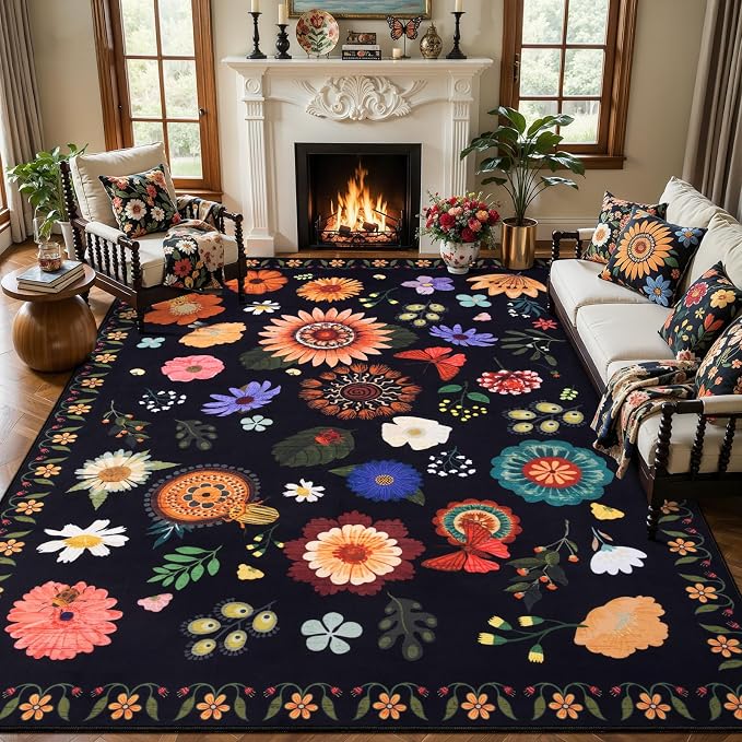 Ciicool 6x9 Washable Area Rugs for Living Room，Non-Slip Large Floral Rug | Boho Carpet for Bedroom Dining Room Farmhouse Nursery Home Office Playroom、Low Pile Carpets