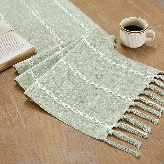 Wracra Rustic Linen Table Runner, Sage Green Table Runners 60 inches Long | Raised Embroidered Design and Hand-Tassels;Cotton Linen Woven Fabric; Farmhouse Table Runner;Home Kitchen Dining Decor