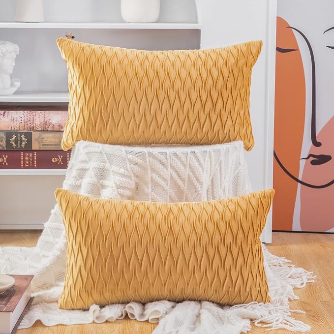 MADIZZ Set of 2 Super Soft Velvet Decorative Throw Pillow Covers 12x20 inch Gold Rectangular with Texture Luxury Style Cushion Case Pillow Shell for Sofa Bedroom