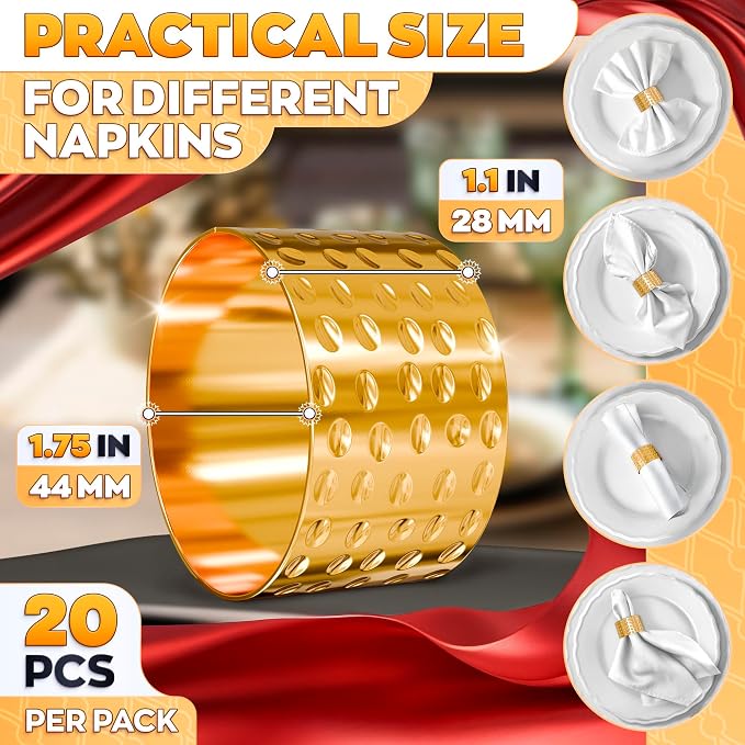 Hammered Gold Napkin Rings Set of 20, Reusable Holders for Parties | Hammered Metal Holders Elevate Weddings, Banquets, and Dinner Tables - A Scratch-Resistant Gold Finish Keeps a Polished Look