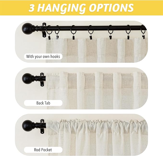 NICETOWN Flax Linen Living Room Curtains 90 inches Long, Rod Pocket & Back Tab Semi Sheer Linen Drapes Privacy Added with Light Filtering for Bedroom/Living Room, Natural, W42 x L90, 2 Panels