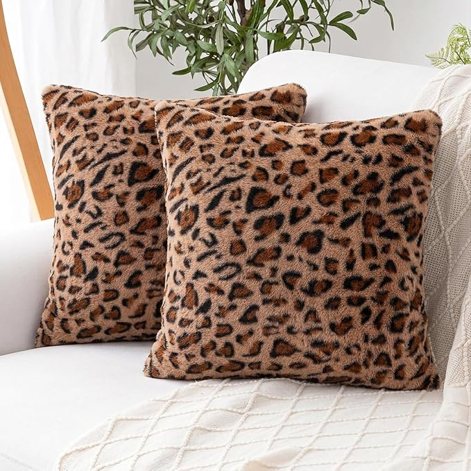 cygnus Set of 2 Cheetah Pillow Covers 18x18 Inch | Soft Faux Fur Leopard Print Throw Pillow Covers，Animal Print Pillowcase for Couch Sofa Bed Living Room Bedroom