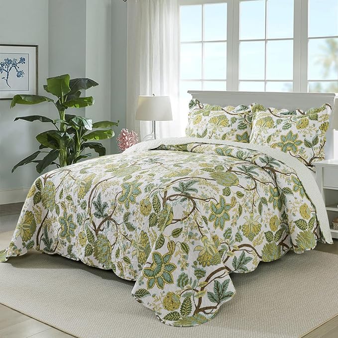 Travan 3-Piece Quilt Set Quilted Bedspread Cotton Coverlet Set Floral Oversized Quilted Bedding Set for All Season, White Vine, Queen Size