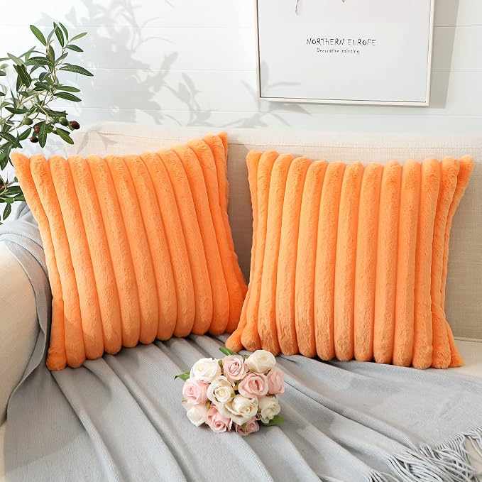 Soleebee Set of 2 Throw Pillow Covers Soft Cozy Velvet Pillowcase Faux Rabbit Fur Cover for Couch Sofa Bed Chair Home Decorative Pillows Cover (22x22 Inch, Orange)