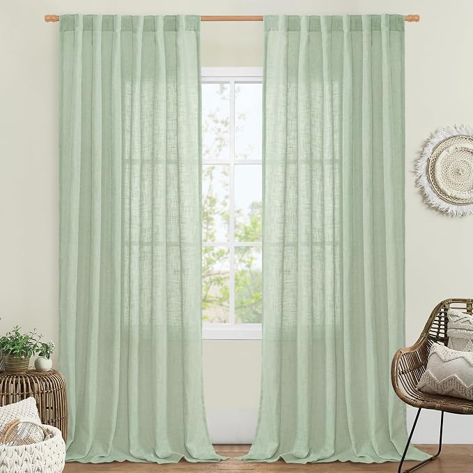Linen Curtains for Living Room 84 inch Length 2 Panels, 52 x 84 Inch | Light Filtering, Semi Sheer Panels, Farmhouse Drapes for Bedroom, Sliding Glass Door, Rod Pocket Back Tab, Fresh Green