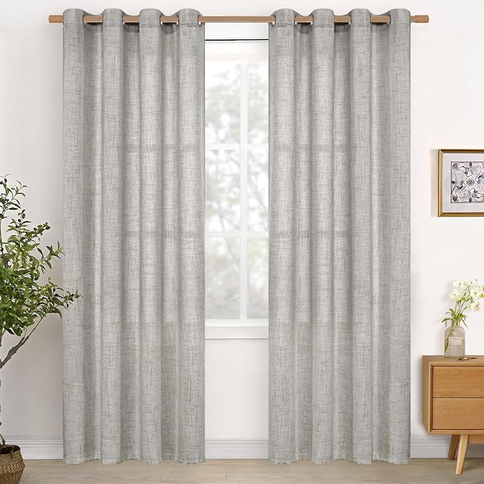 YoungsTex Linen Curtains for Living Room 52 X 80 Inch Length 2 Panels | Light Filtering Drapes with Bronze Grommet Semi Sheer Privacy for Bedroom Office Dining Window, Dark Grey