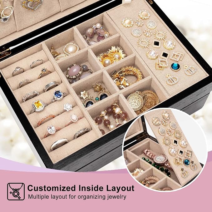 Pinzoveco Jewelry Box for Women, Rustic Wooden Jewelry Organizer Box for Storage Earrings Rings Necklace Bracelet, Farmhouse Style Wood Jewelry Boxes & Organizers (Black)