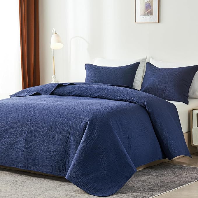 akkialla 118"x106" Navy California King Quilt Set, Oversized Floor-Length Bedspread, Modern Coin Pattern Microfiber Coverlet, 3-Piece All Season Bedding with 2 Pillow Shams