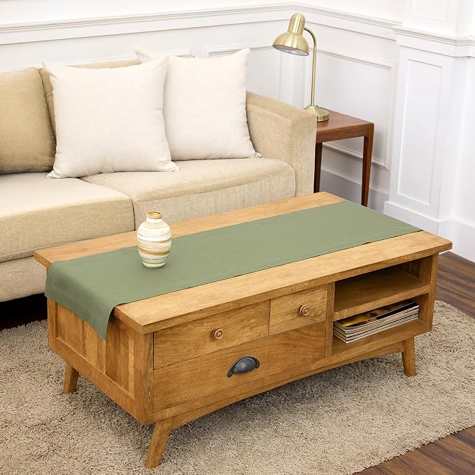 Solino Home 100% Pure Linen Table Runner Oil Green Woven, Fete 14 x 48 in | a graceful centrepiece for dining and gatherings, European flax fibres, gift ready packaging, Oil Green, OEKO-TEX Certified