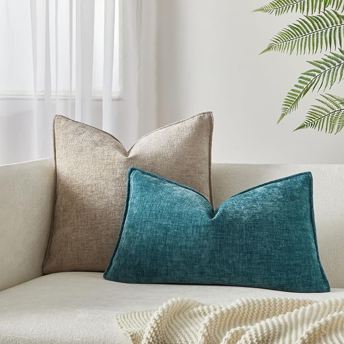 JUSPURBET 12x20 Chenille Lumbar Throw Pillow Covers Set of 2,Turquoise | Decorative Cozy Soft Cushion Covers Case with Hidden Zipper for Couch Sofa Bed Home Decor Living Room