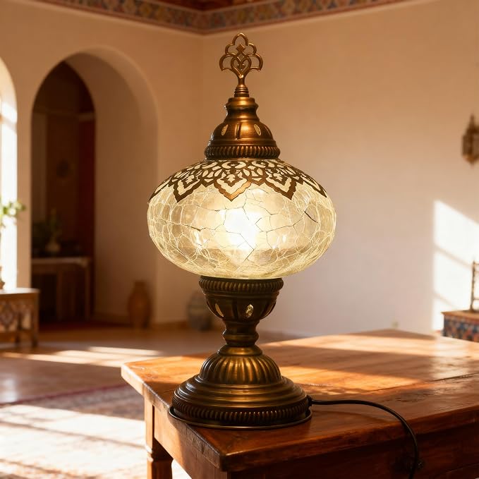 Cracked Clear Moroccan Mosaic Table Lamp – Handmade Turkish Glass, Light Bulb Included, Boho Chic Bedside & Living Room Accent