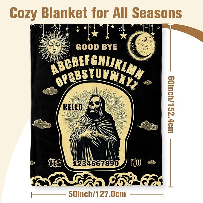 Aimego Skeleton Skull Tarot Blanket Gifts for Halloween Gothic Witch Throw Blanket for Kids Boys Girls Sun Moon Death Tarot Card Blankets Decor for Fortune Tellers(50X60 Inch)