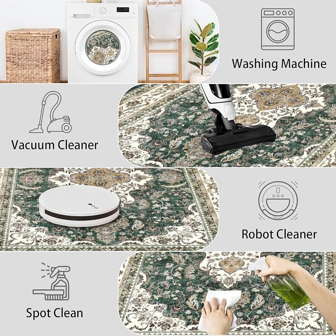 AooHHooA Boho Washable 2x6 Runner Rugs Green Non Slip Low Pile Vintage Runner Rug, Stain Resistant Soft Faux Wool Runners for Hallway Laundry Entryway Bedroom
