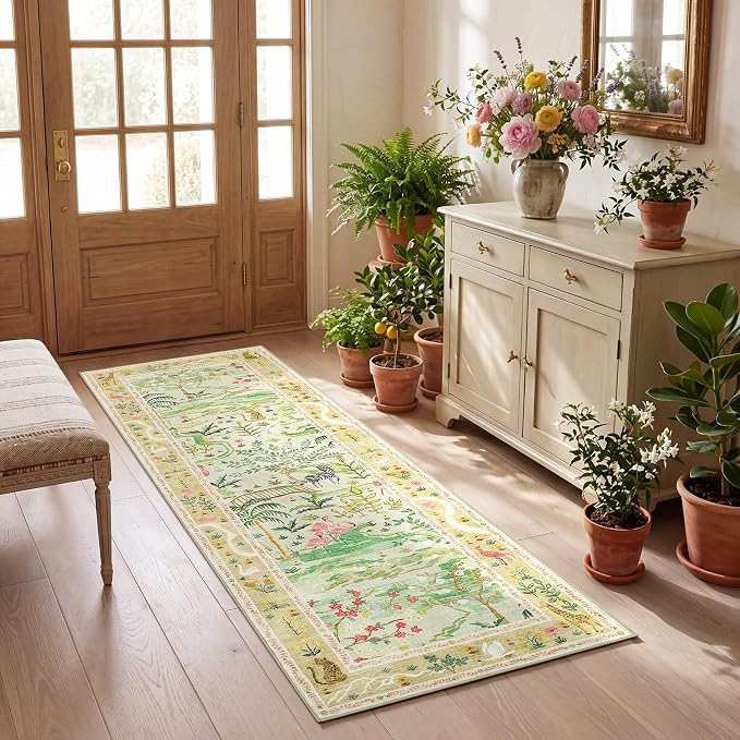 2x6 Hallway Runner Rug Non Slip Forest Nursery Runners Washable Stain Resistant Fairy Tale Whimsical Long Runner Carpets Girls Room Green Safari Animal Rugs for Living Room Kitchen Bedroom, Sage Green