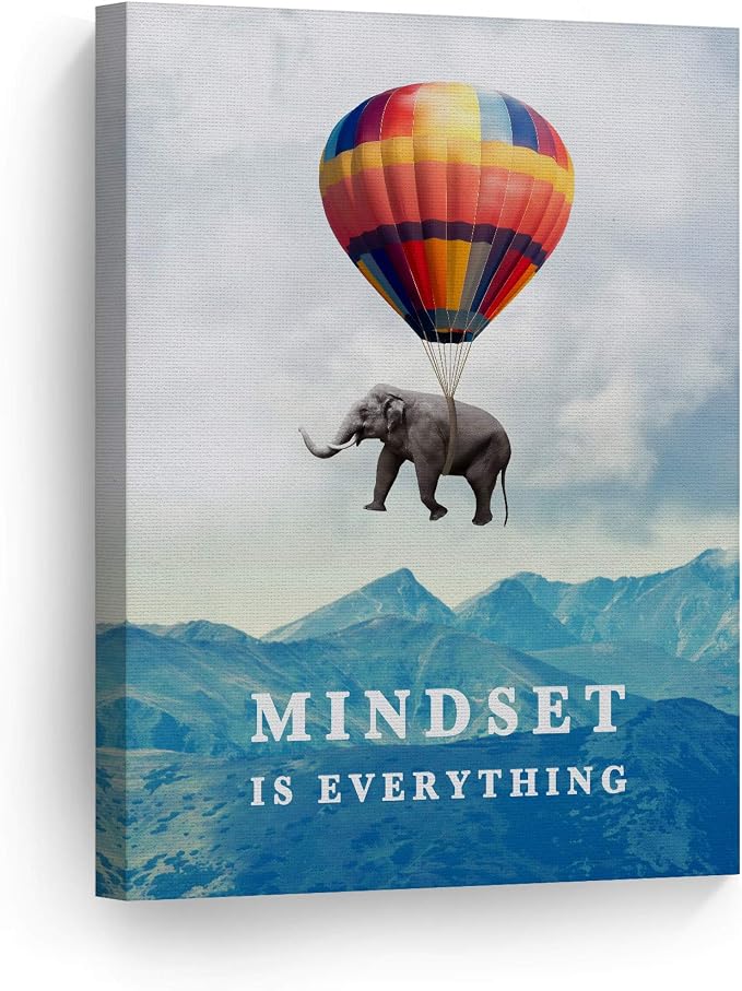 Smile Art Design Mindset is Everything Quote Elephant with Balloon Motivational Wall Art Canvas Print Inspirational Wall Art Entrepreneur Quote Office Living Room Decor Gift Ready to Hang 40x30