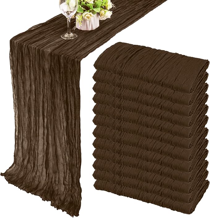 12 Pack 10Ft Cheesecloth Table Runner 35x120 Inch Boho Gauze Table Runner Rustic Cheese Cloth Long Romantic Table Runners for Wedding Bridal Shower Birthday Party Table Decor (Brown)