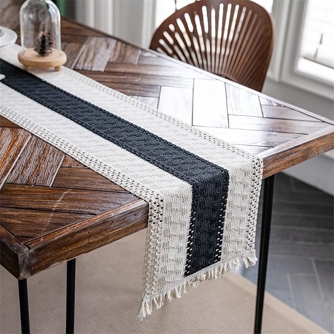 Macrame Table Runner Beige and Black Boho Table Runners with Tassels 12x71 | Alynsehom Hand Woven Cotton Table Runner Rustic Farmhouse Table Runners for Bohemian Kitchen Dining Table
