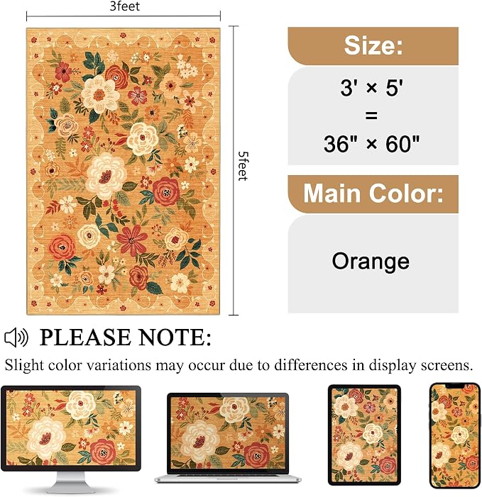 DUKINO 3x5 Area Rug, Floral Washable Rug for Bedroom Non Slip, Orange | Soft, Stain Resistant Low Pile Indoor Rug for Entryway, Bedroom, Bathroom, Living Room, Pet Friendly, Home Decor, Lightweight