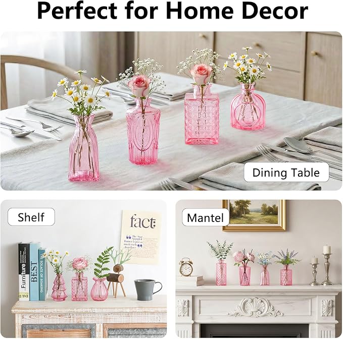 RUCKAE 12 Pack Glass Bud Vases Mini Flower Vase Small Vintage Vases for Centerpiece Table Wedding Decorations Home Decor Party(Pink)