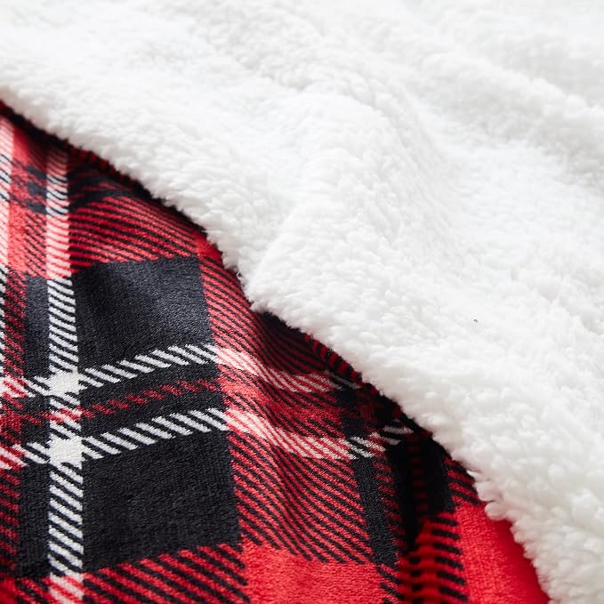 SOCHOW Sherpa Plaid Fleece Throw Blanket, 90 x 90 inches, Red/Grey | Double-Sided Super Soft Luxurious Bedding Blanket