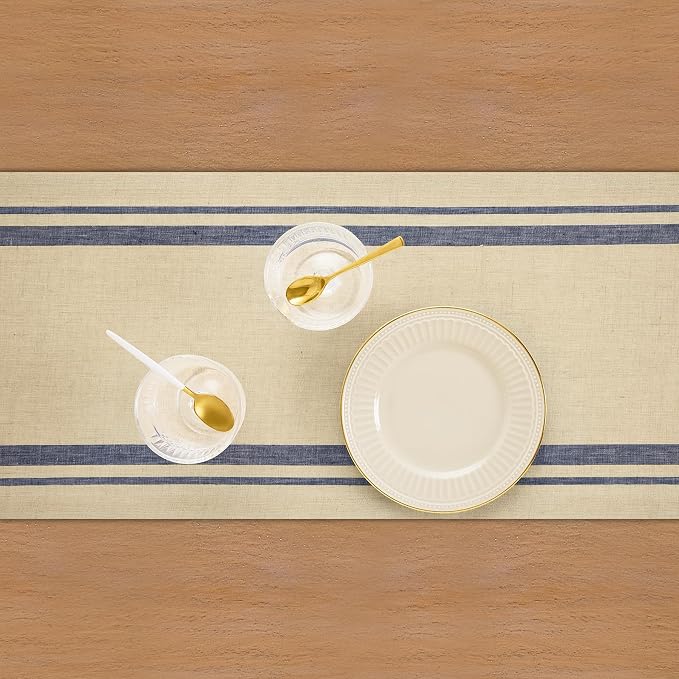 Solino Home 100% Linen Table Runner, 14 x 120 in, Navy and Natural Striped | French Stripe, brings a tailored look to family meals and hosting, woven stripe, European flax fibres, OEKO-TEX Certified
