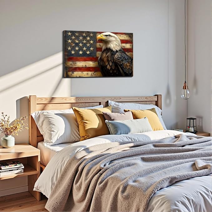 Framed Bald Eagle American Flag Wall Art, Patriotic USA Canvas Art Pictures, Vintage Eagle Wall Decor for Office Living Room Man Cave, Ready to Hang Made in USA