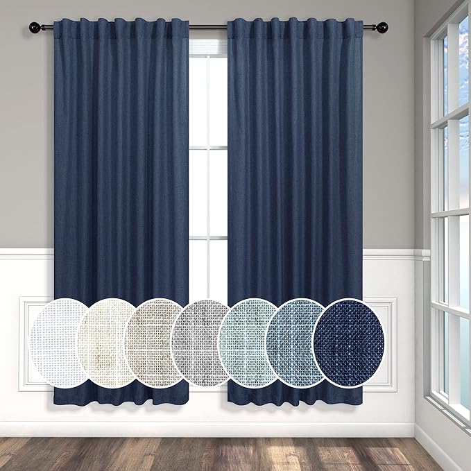 Navy Blue Curtains 72 Inch Length for Living Room Pair Set Back Tab Pocket Linen Panel Light Filtering Semi Sheer Dark Blue Curtains for Bedroom Door Picture Window Village Apartment Canopy 52x72 Long