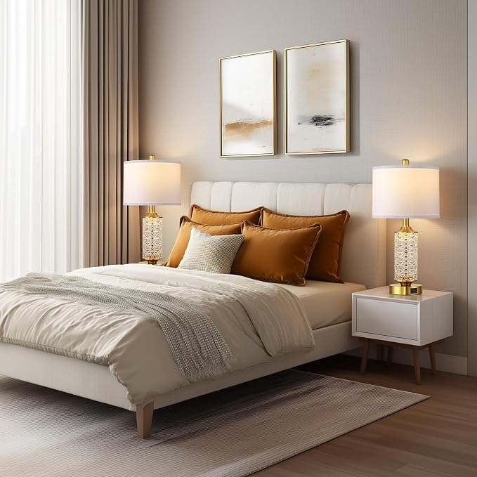 QiMH Gold Glass Table Lamps Set of 2, Nightstand Lamps for Living Room