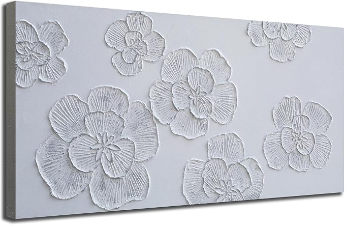 Arjun Flower Canvas Wall Art Hand Painted Framed Living Room Bedroom Decor | Textured Painting Elegant Modern White Floral Minimalism Picture for Home Office Wall Décor Large 40"x20" Horizontal Vertical