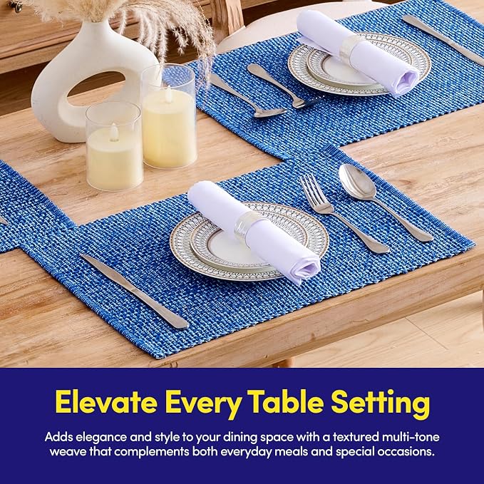 Sweet Home Collection 100% Cotton Placemats for Dining Room Rectangle Two Tone Woven Fabric 13" x 19" Soft Durable Table Mat Set, Set of 6, Dark Blue