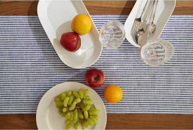 Solino Home 100% Pure Linen Table Runner, 14 x 48 in, Navy and White Stripe | Narrow Stripe, a graceful centrepiece for dining and gatherings, European flax fibres, machine washable, OEKO-TEX Certified