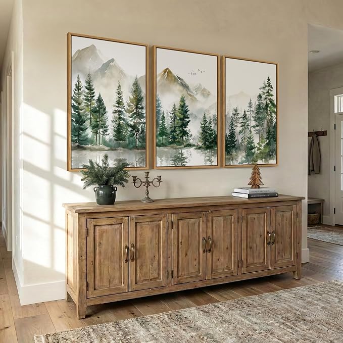 Framed Forest Mountain Wall Art for Living Room, 3 Piece Green Pine, 24x36 | Watercolor, Nature, Pine tree print, Foggy scenic, Landscape, Minimalist, Bedroom decor, Home office, Hallway, Canvas artwork