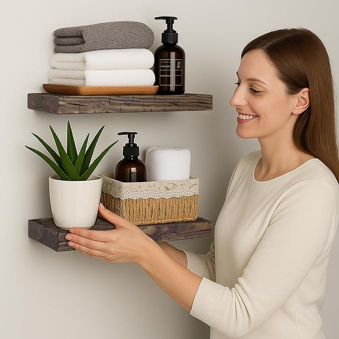 BGMG Wood Floating Shelves for Wall 12 inch Set of 2,Distressed Rustic Wooden Wall Mount Shelves for Bathroom Living Room Bedroom Kitchen Farmhouse-12x6.7x1.25 inch-Walnut