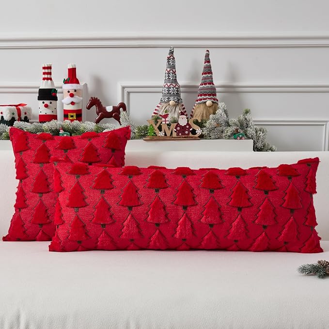 UGASA Christmas Tree 14x36 Inch Long Lumbar 1 Pack Soft Plush Faux Fur Luxury Embroidery Rectangle Cushion Case for Couch Sofa Holiday Festivals Winter Xmas Gift, Red & Green