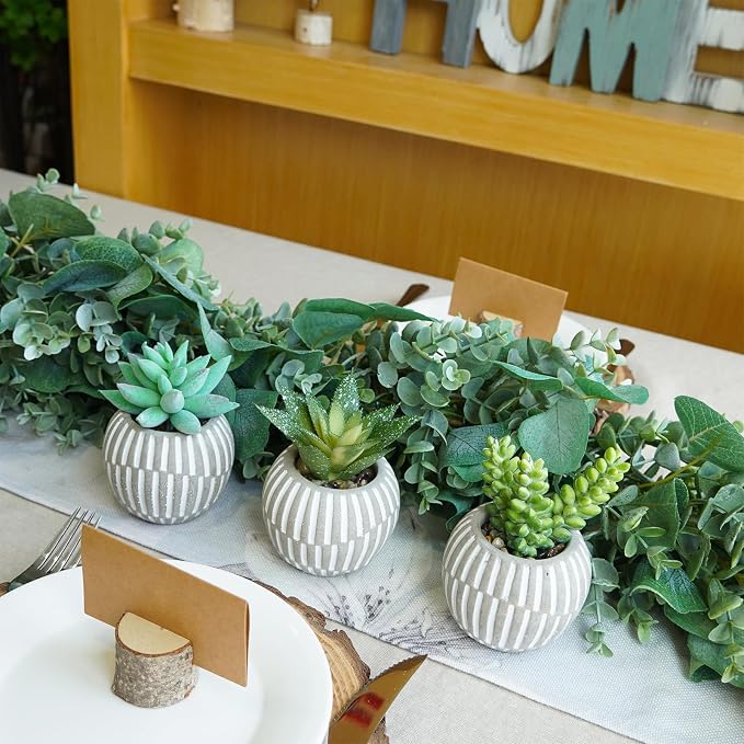 Winlyn Set of 3 Artificial Succulents Plants in Mini Gray and White Geometric Cement Pots Faux Potted Plants Aloe Pachyphytum Succulent Donkey Tail Small Plant for Home Office Table Shelf