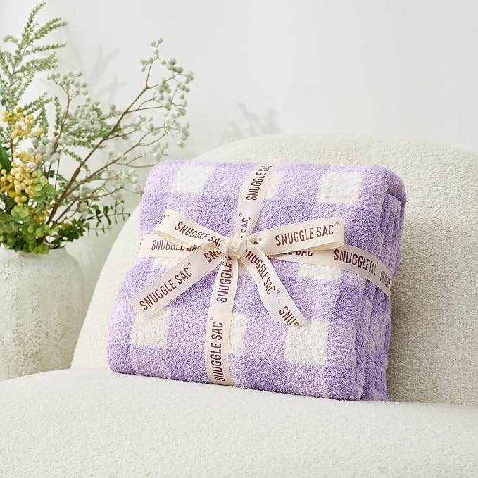 Snuggle Sac Checkered Throw Blanket for Couch, Super Soft Cozy Warm Knit Netural Decorative Fluffy Blankets, Reversible Buffalo Plaid Microfiber Throws for Sofa Bed, Plaid Purple, 50x60 Inches